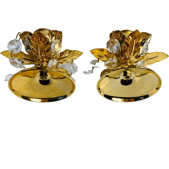 Fancy Hollywood Gold Tone Candlestick Holder Set Chandelier Crystal Dangling Pri - Picture 4 of 11